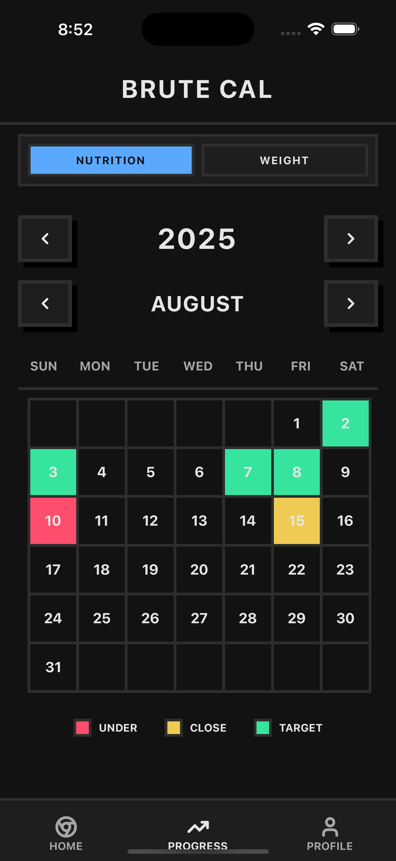 BruteCal Calendar - View your nutrition history
